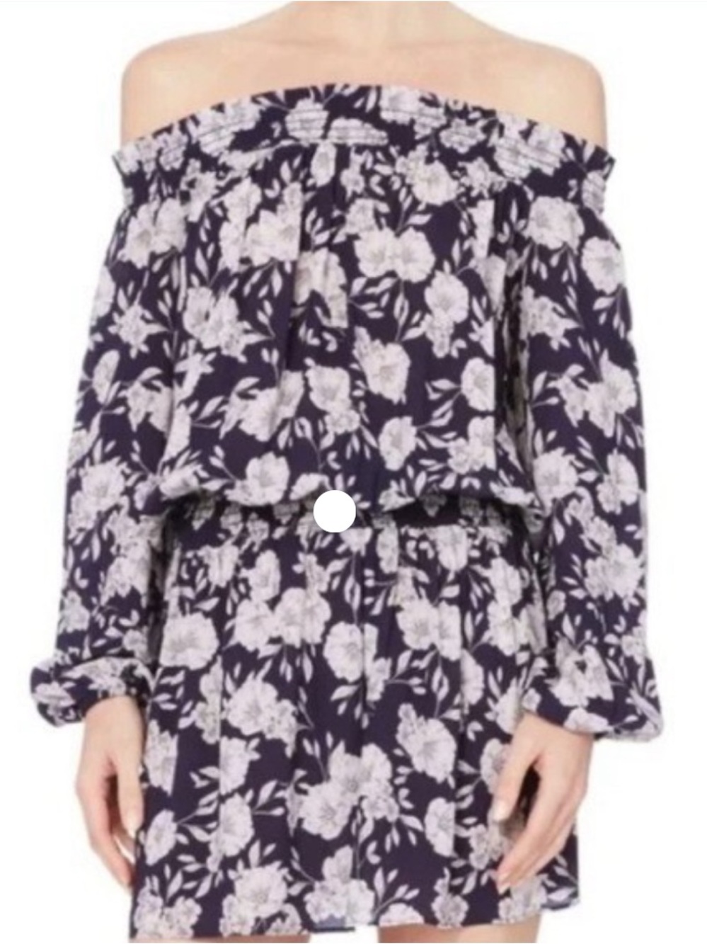 INTERMIX Emily Smocked Floral Off Shoulder Mini Dress Navy Boho Cottagecore - M